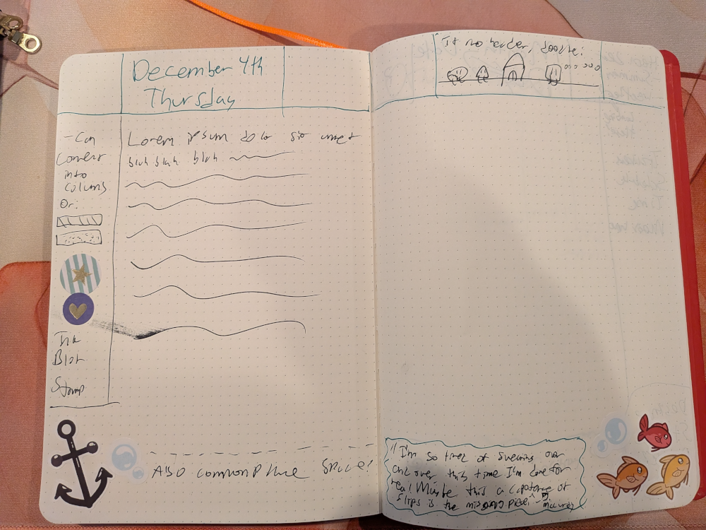 open journal on a desk now decorated with stickers and some headers. "I'm so tired of swearing over and over this time I'm done for real. Maybe this acceptance of slips is the missing piece." - McCurdy