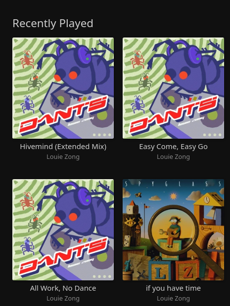a music player window showing several songs from DANTS and Spyglass