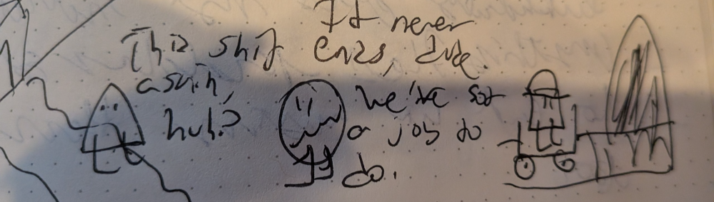 a triangle with legs is talking to an egg with legs while another guy goes into a mine.