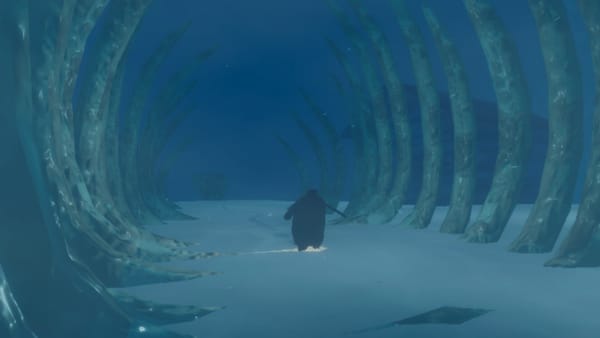 screenshot of a video game penguin running through what looks like a bunch of bones
